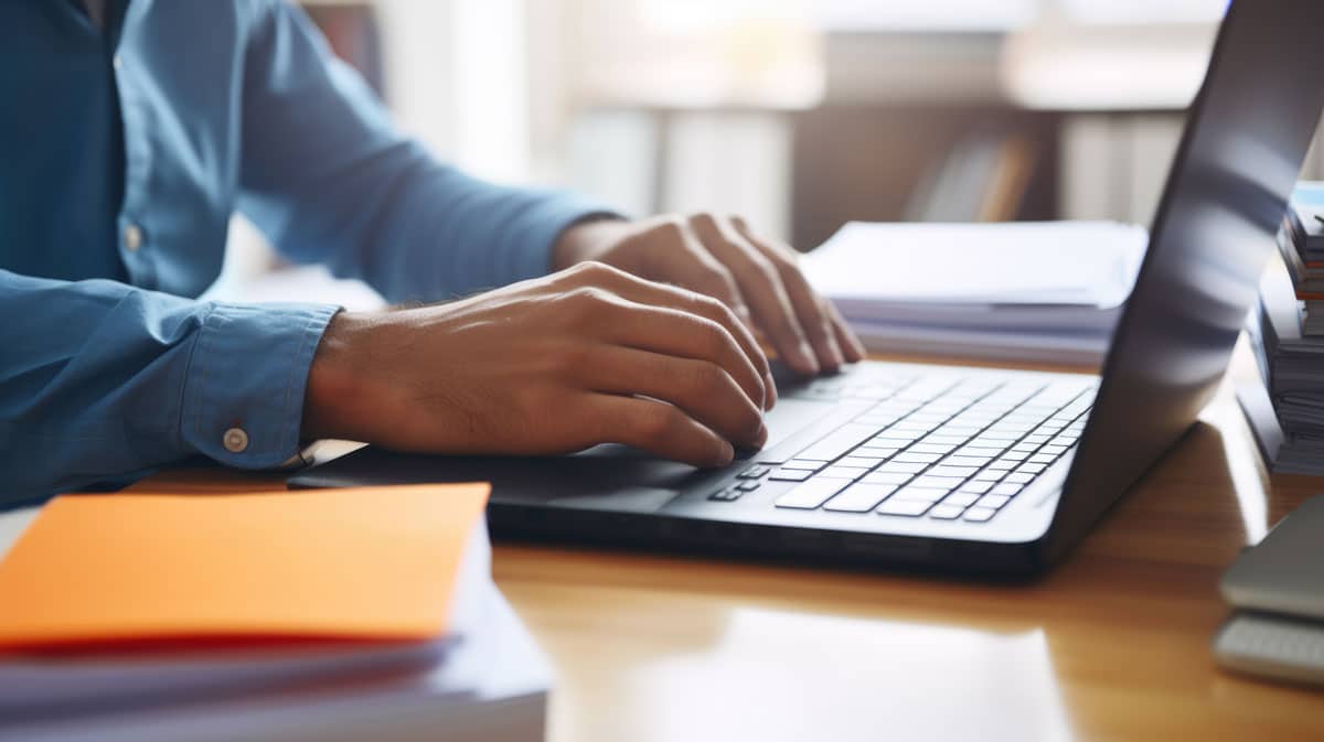 Close-up-of-a-man's-hands-typing-on-a-laptop-keyboard,-with-a-stack-of-paperwork-beside-them